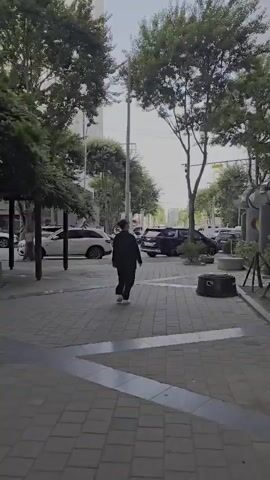 The video shows a person from behind, walking away from the camera down a paved sidewalk. The person is wearing dark clothing and light-colored shoes. To the left of the sidewalk is a building with a white facade and trees lining the sidewalk. To the right are more trees and parked cars. The sky is visible and appears to be overcast or hazy. The overall scene suggests an urban or suburban environment.