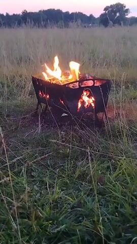 A stationary shot captures a fire burning in a portable metal fire pit situated in a grassy field. The fire pit has cutouts of figures on its sides, through which the flames are visible. The surrounding area is covered in dry grass. In the background, a line of trees is silhouetted against a pale pink and purple sky, indicating dusk or dawn. The overall impression is one of an outdoor setting with a campfire.