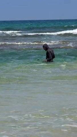 A person wearing a black wetsuit and hood is standing in shallow, clear green water near a beach. The person is hunched over and appears to be working with something in their hands, possibly adjusting equipment. There is a dark object with a red accent near their hands, and another dark object, possibly a camera or speargun, is partially submerged in the water to their left. The ocean is calm with small waves breaking in the distance. The sky is clear and blue. The person is facing away from the viewer and their posture suggests focus and concentration. The water appears to be shallow, reaching the person's waist. The image is taken from a slightly elevated perspective, looking down towards the person.