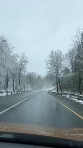 The video presents a first-person perspective from a vehicle driving along a two-lane asphalt road through a winter landscape, likely in Ширяево, Russia.

The scene is dominated by a snowy environment. Bare trees lining both sides of the road are heavily coated in snow and ice, creating a stark, white appearance. The ground adjacent to the road is also covered in snow. The sky is overcast and grey, casting a muted light over the scene.

The road itself is wet, possibly from recent precipitation or melting snow, but it is clear of heavy snow, indicating it has been plowed. White lane markings are visible on the left, and a solid yellow line separates the lanes on the right. Metal guardrails run along both sides of the road, separating the roadway from the snow-covered trees. Overhead, power lines and streetlights can be seen along the route.

Around the 0:02 mark, a small blue structure with a tarp roof, possibly a roadside stall or shelter, becomes visible on the right side of the road, accompanied by several orange traffic cones. A road sign is also visible in the distance on the right, but its text is not clearly legible.

The activity depicted is driving along this scenic, snowy road. No people are visible in the video. The time of day appears to be daytime, though the overcast conditions make it seem somewhat dim.
