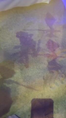 A close-up video shows a person's hand in the bottom left corner of the frame holding a dark rectangular object, possibly a phone, up to a textured surface illuminated by colored lights. The textured surface, which appears to be paper or fabric, has faint, abstract shapes and shadows projected onto it, creating an illusion of movement and depth. These shadows are predominantly purple and reddish-orange, with hints of yellow and green in the background texture. Some of the projected shadows resemble silhouettes of figures or creatures, particularly a prominent shape that looks like a winged dragon. The lighting shifts and changes slightly throughout the short video, altering the appearance and intensity of the projected shadows.