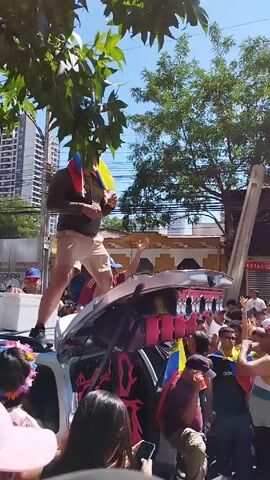 A crowd of people are celebrating in the street, waving Venezuelan flags.  A man is standing on top of a car that has speakers in the open trunk.  The car has a pink and black design inside. The crowd is excited and enjoying themselves. Buildings are visible in the background of the scene.  The weather is sunny.
