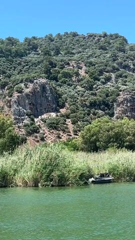 This media file depicts a scenic view of the Dalyan River in Ortaca, Turkey. The scene is dominated by lush greenery, with tall reeds lining the riverbank and a dense forest covering the hillside in the background. Carved into the rocky cliff face are several ancient Lycian rock tombs, appearing as entrances to small chambers. The water in the foreground is a vibrant green, reflecting the surrounding vegetation and the clear blue sky.

A small boat with a canopy is moored near the reeds on the river, suggesting a tourist activity or local transport. The bright sunlight and clear sky indicate it is daytime, likely mid-morning or afternoon, with fair weather. The overall impression is one of natural beauty combined with historical significance, a common characteristic of the region. There is no visible text in the media file.