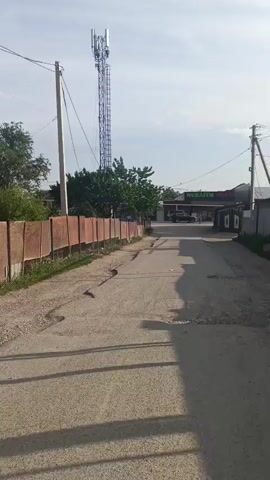 A narrow asphalt road passes through a rural or semi-rural area under a clear sky. A tall, lattice-style cell tower stands prominently in the background. A chain-link fence, possibly rusted, runs along the left side of the road. Trees and some structures are visible in the distance. A white car is parked or driving away from a building with signage. The road itself appears weathered with some cracks.