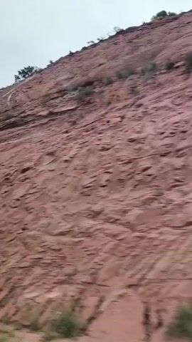 The video shows a side view from a vehicle of a red rock cliff face. The rock has visible layers and texture. Some sparse green vegetation is growing on the lower parts of the cliff and along the roadside. The sky is overcast and appears to be a light gray. The camera is moving, giving a sense of travel.