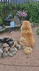 Toddler and two big dogs in a Kempelevo backyard