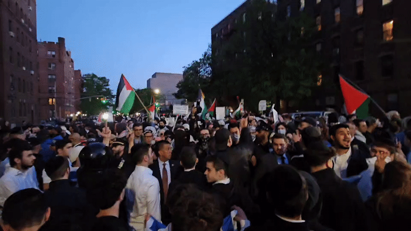 Crowd with Palestinian flags gathers on New York street