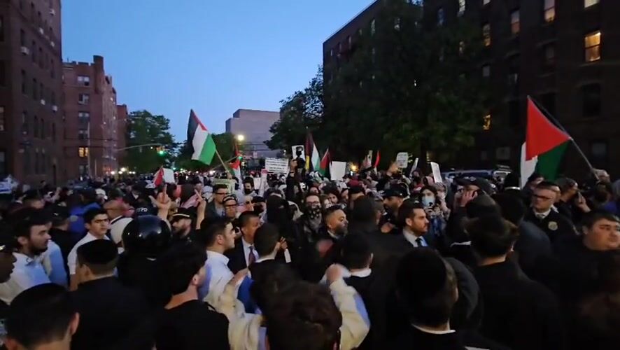 Crowd with Palestinian flags gathers on New York street
