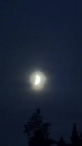 The video shows a waning crescent moon in a dark, cloudy sky. The moon is partially obscured by clouds, giving it a soft, hazy appearance. Silhouettes of trees are visible at the bottom of the frame, suggesting a nighttime scene in a wooded area. The overall impression is one of a tranquil, slightly mysterious night.