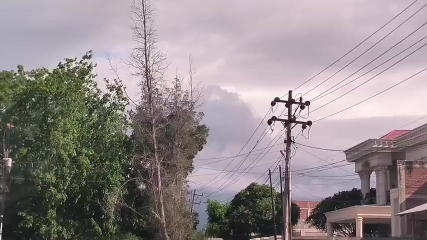 A car driving down a road, passing trees, a power pole, and houses. A man on a motorcycle is riding ahead. The sky is overcast.