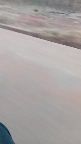 The video shows a moving shot of a roadside scene. A dirt road, possibly clay-based due to its reddish-brown hue, is in the foreground. Beyond the road, there's a dirt bank or a small hill. On top of the bank is a brick wall, possibly a boundary wall for a property. The wall appears aged with a dark color.  

Behind the wall, there are trees with green foliage. There’s a building visible as well, with a beige or light-colored exterior and a brown roof. The sky is overcast with a grayish tint. The camera seems to be moving at a medium pace, resulting in a blurred effect on the immediate foreground and slightly blurring the wall.  The environment suggests a rural or semi-rural location. There are no people visible in the video.