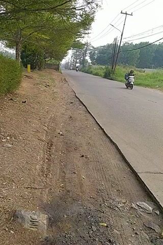 The video shows a roadside scene with a paved road and a dirt shoulder. A few motorcycles are seen traveling on the road. On the left side of the road, there are trees and some vegetation, along with utility poles and wires. The right side of the road has a dirt shoulder with some debris. The video is shot from a low angle and is rotated, making it appear sideways.