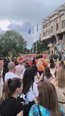 Children perform at flag-decorated Bulgarian building celebration