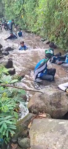 A group of young people in athletic wear are navigating a shallow, rocky stream surrounded by lush green foliage. Some are walking, while others are crouched or crawling through the water. The water appears murky and the stream bed is uneven with numerous stones and rocks. The individuals are mostly wearing blue and white shirts, with some wearing green head coverings or scarves. The overall impression is of an outdoor activity or challenge taking place in a natural, somewhat rugged environment.