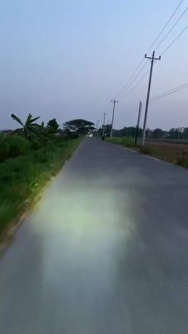 This video captures a point-of-view perspective of someone traveling on a road in Kropak, Indonesia, likely on a motorcycle given the bright headlight illumination on the asphalt. The scene unfolds during dusk, indicated by the soft, muted light and the twilight sky. The road is a paved, two-lane pathway bordered by lush green grass and vegetation on the left, with banana trees visible. On the right, there are more fields and scattered trees.

Power lines supported by utility poles run along the right side of the road, a common sight in many rural and semi-rural areas. In the distance, a large, sprawling tree stands prominently against the horizon, with smaller trees and foliage scattered around it.

Several other individuals or vehicles are visible on the road ahead. One person is riding a motorcycle, and further up the road, the headlights of what appear to be two other vehicles are visible, suggesting traffic. The overall mood is peaceful and serene, characteristic of a quiet evening journey through the countryside. The low light and the moving headlights create a sense of gentle motion and transition. There is no visible text in the video.