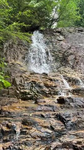 A waterfall cascades down a rocky incline surrounded by lush green foliage. The water is white and foamy as it tumbles over the brown and gray rocks. The rocks are wet and glistening, with some moss growing on them. Trees with green leaves frame the top of the scene. The overall impression is one of natural beauty and tranquility.