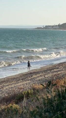 A lone person walks on a sandy beach as waves crash and recede into the ocean. In the background, there are distant hills and trees along the coastline. The sky is clear and bright.