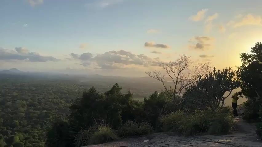 The video opens on a wide shot of a dense green forest under a sky with scattered clouds and a golden sunset. The camera slowly pans left, revealing a large, distinctive rock formation in the distance, surrounded by the forest and distant mountains. A few silhouetted trees and bushes are in the foreground, and a person stands on the edge of the rocky outcrop.