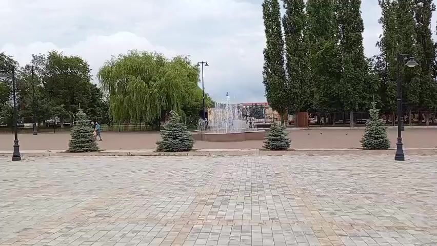 A wide shot shows a paved plaza with a fountain in the background. Several small evergreen trees are planted in a line in front of the fountain. A weeping willow tree stands to the left of the fountain, and tall, slender trees line the right side of the frame. In the middle ground, a few people walk past the fountain. The sky is overcast.
