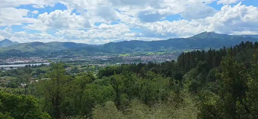 The video shows a scenic landscape with mountains, a city, and lush green vegetation under a cloudy sky. In the foreground, there are trees, while in the middle ground, there is a city with buildings visible alongside a body of water. In the background, there is a range of mountains extending across the horizon. The sky is bright with white clouds scattered against a blue backdrop.