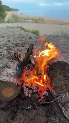 A campfire burns on a sandy beach. The fire is in the center of the frame, composed of logs and branches. Flames flicker and glow orange and yellow. In the background, a body of water stretches to the horizon, meeting a cloudy sky. The beach is composed of sand with some sparse vegetation. There are no people visible in the immediate vicinity of the campfire.