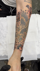Traditional tattoo sleeve displayed in Moscow