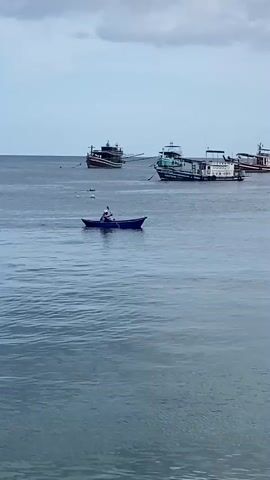 The video shows a person in a small blue rowboat paddling across a calm body of water. The person is wearing a white hat. In the background, several fishing boats are anchored in the water. The sky is overcast.