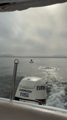 Water sports activities observed in Ancón harbor under overcast skies
