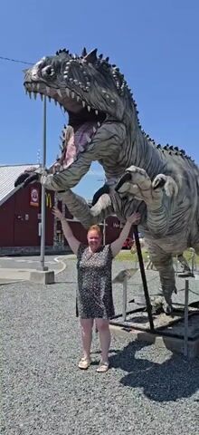 A woman wearing a dark floral dress and sandals stands in front of a large, grey dinosaur statue. She has her arms raised in the air. The dinosaur statue is depicted with its mouth open, and its arms are raised as well, appearing to be interacting with the woman. In the background, there is a red building with a McDonald's sign, a gray gravel ground, and a bright blue sky with a few white clouds. The overall scene suggests a tourist attraction or roadside exhibit.