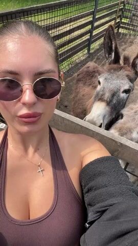 A young woman with her hair pulled back and wearing sunglasses and a brown tank top is taking a selfie with two donkeys. One donkey is in the foreground, looking directly at the camera. The woman is making a pouty face at the camera. The other donkey is partially visible behind the first one. They are in an outdoor enclosure with a wooden fence and a metal fence in the background. The woman has a black sleeve on her right arm.