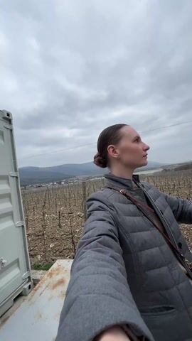 A woman is outdoors, in what appears to be a vineyard during the off-season. She is wearing a gray quilted jacket and has a brown purse strapped across her body. The woman puts on sunglasses and waves at the camera, which she seems to be holding in selfie mode. The sky is overcast, and mountains can be seen in the distance. To her left is a white shipping container. The vineyard's rows of dormant grape vines are visible in the background.