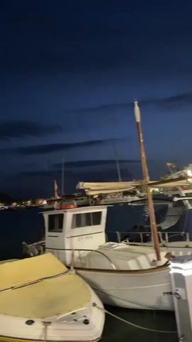 The video captures a nighttime scene at a marina. Several boats are docked. In the foreground, two white speedboats are visible. One is partially covered with a yellow tarp. Behind these, a larger white boat with a cabin is docked. Further back, more boats with white covers and some with red hulls are seen. The water of the marina is dark. In the background, a distant shoreline is illuminated by lights, suggesting a town or city. Palm trees and other vegetation are visible along the shore. The sky is dark blue, with some faint clouds. A bright full moon is visible in the upper left portion of the sky. The overall atmosphere is calm and serene, typical of a quiet evening at a harbor.