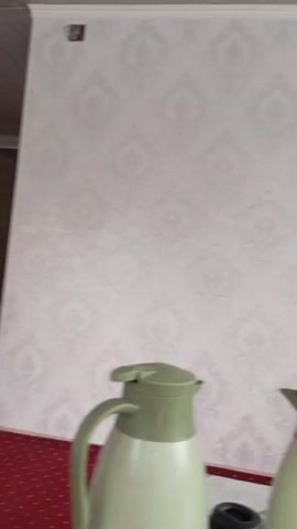 The video pans across a room with white patterned wallpaper and a white door that is slightly ajar. A wooden chair is visible through the doorway. In the foreground, there is a red rug with white dots and part of a green thermos. The floor is covered with patterned carpeting.