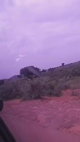 The video shows a landscape with a dirt road in the foreground and hills covered in vegetation in the background. The sky is overcast and has a purplish hue. There are several trees scattered across the landscape, with a large, dark tree prominently featured on a hill. The view appears to be from inside a vehicle, as a dark object, possibly the car's window frame or side mirror, is visible in the lower left corner of the frame. The ground is reddish-brown, suggesting it might be clay or iron-rich soil. The overall impression is of a rural or natural setting, possibly during a cloudy day.