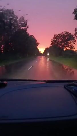 The video captures a view from inside a car driving on a wet road at dusk. The sky is a vibrant gradient of pink and purple, transitioning into a deeper blue as it moves away from the horizon. The setting sun is visible in the distance, casting a warm glow on the road ahead, which reflects the colors of the sky. Trees line both sides of the road, their dark silhouettes contrasting with the bright sky. Raindrops are visible on the car's windshield, indicating that it is raining or has recently rained. The road itself appears slick and wet, with white lines marking the lanes. The interior of the car is dimly lit, with the dashboard and part of the steering wheel visible in the foreground. There are no people clearly visible in the frame, but the perspective suggests a person is driving. The overall mood is peaceful and serene, with a touch of melancholy due to the approaching darkness and the rain. The time of day is clearly sunset. The location is identified as Pronkino, Russia. No visible text is present.