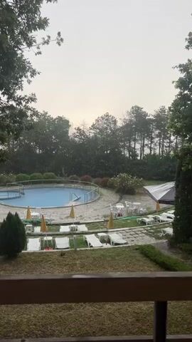 A wide shot captures a resort swimming pool area during a hailstorm. The pool is a vibrant blue, with a ladder visible. Around the pool, lounge chairs and yellow umbrellas are scattered on a paved area, some covered with white sheets. Beyond the pool, a dense line of evergreen trees forms a backdrop. The sky is overcast and light-colored. Hail is visible falling and accumulating on the ground, on the chairs, and around the pool. A covered seating area with tables and chairs is situated to the right of the pool. The foreground shows a wooden railing, suggesting the viewpoint is from a balcony or deck.