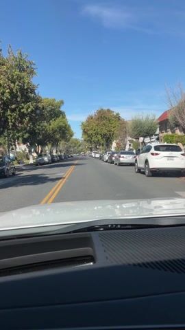 The view from inside a vehicle looking down a tree-lined street on a clear, sunny day. The road is paved with two yellow lines down the center. Cars are parked on both sides of the street. The camera is positioned on the dashboard. The car is moving slowly down the street.