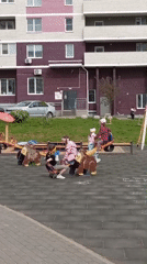 Children play on bear-shaped seesaws in Izhevsk playground