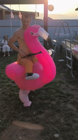 Backyard pool day with a pink flamingo costume in Podstёpki
