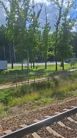 The video is filmed from the perspective of someone on a moving train, looking out the window. The train tracks are in the foreground. Beyond the tracks is a grassy area with some wildflowers. Further back, there's a road with trees lining it. A blue bus is seen driving on the road. There are also some streetlights and what appears to be a small white building with two doors. A fence separates the grassy area from the road. In the distance, more trees form a dense forest. The sky is cloudy with patches of blue.