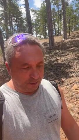 A man with graying hair and sunglasses perched on his head is walking outdoors in a wooded area. He is wearing a gray tank top with a graphic on it. The ground is covered in dirt and rocks, and there are trees with thin trunks and green leaves in the background. The lighting suggests it is daytime.
