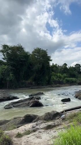 Milky river flows past lush vegetation in Kerambitan