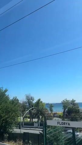 The video is filmed from a moving vehicle, likely a train, looking out a window at a bright, clear blue sky. On the left side of the frame, lush green trees dominate the foreground. As the vehicle moves, the view pans to the right, revealing a coastline with a body of water in the distance, where several large ships are visible. Buildings and palm trees line the waterfront. The camera continues to pan, showing more trees and foliage, along with glimpses of houses and a street with a few parked cars and people walking. A light pole is also visible. The overall impression is a scenic view of a coastal town on a sunny day.