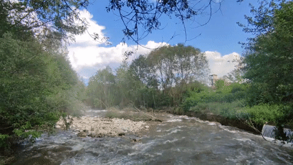 Nature walk documented along turbulent river in Bulgarian village
