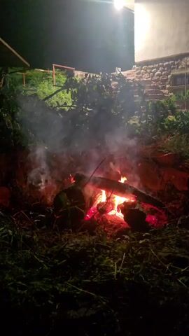 A campfire is burning in the foreground of a dark outdoor setting. The fire is composed of logs and embers, emitting red and orange light and a visible plume of smoke. Surrounding the fire is dark green grass and foliage. In the background, a dimly lit stone staircase leads up towards a building with a bright light illuminating its side. The scene appears to be at night.