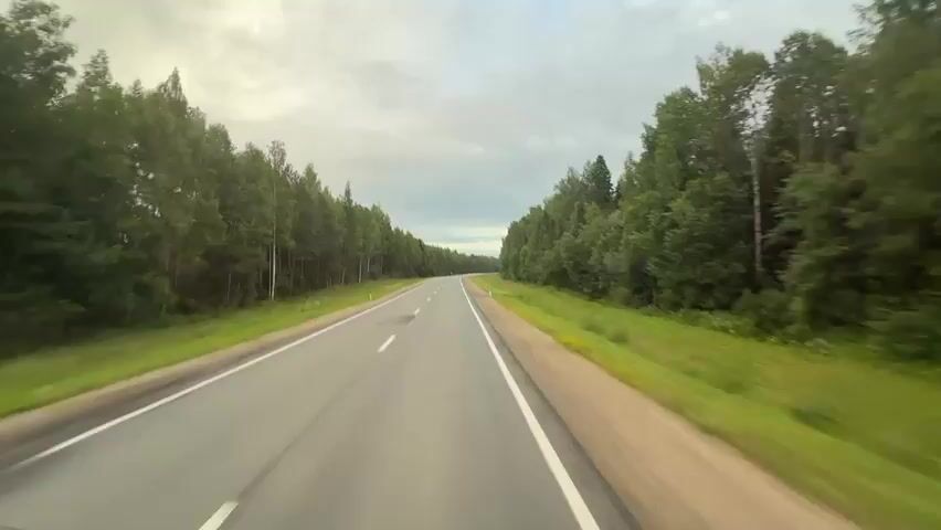 The video shows a first-person perspective of driving on a paved two-lane road. The road is bordered on both sides by dense green trees and grass. The sky is overcast with clouds. The road curves gently to the right and then to the left. There are white lines on the road marking the lanes and the edge of the road. There are also white posts on the side of the road. The video appears to have been recorded in daylight.