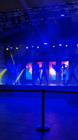 Evening stage show with aerial acts and costumed performers at a resort venue