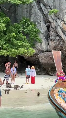 A group of tourists stands on a sandy beach, with a lush green cliff face behind them. Several monkeys are scattered across the beach, some interacting with the people. A longtail boat, decorated with colorful flowers, is visible on the right side of the frame, partially in the water. The water is clear and turquoise. The overall scene depicts a tropical tourist destination where wildlife and visitors coexist.