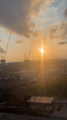 Sunrise landscape with construction cranes filmed in Pattaya