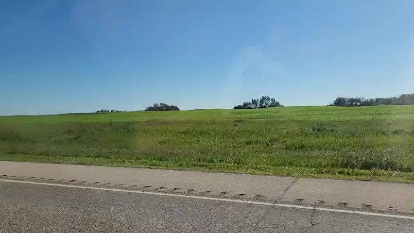 The video shows a view from a moving vehicle traveling along a paved road. To the left of the road is a large, green, grassy field that extends to the horizon. There are several clusters of trees scattered across the field. The sky is a clear, bright blue. The road appears to be a two-lane highway with dashed white lines marking the lanes. The vehicle's side mirror is partially visible in the bottom left corner of the frame. The overall impression is one of a rural landscape under a sunny sky.